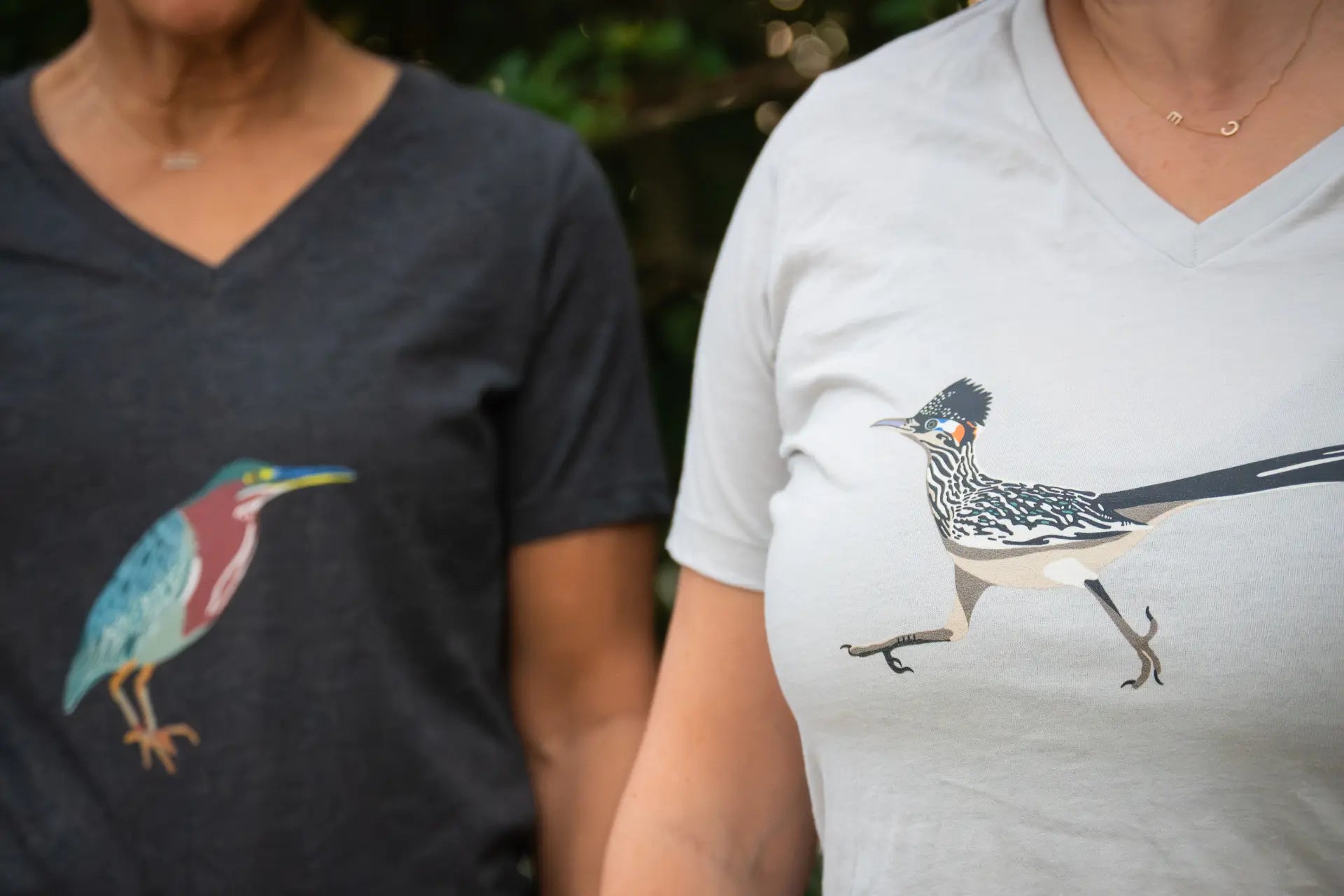 Women's V-Necks featuring Greater Roadrunner and Green Heron prints
